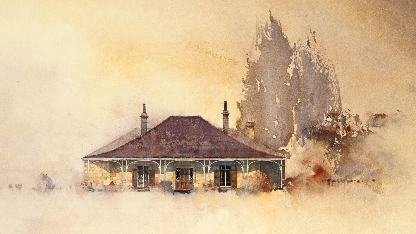 Somercotes homestead-watercolour elevation-Ross Tasmania-Chris Wilmar Architect for Wilmar Schutz-