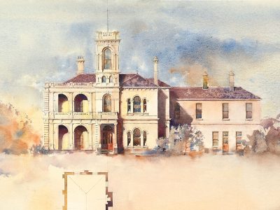 Mintaro House Watercolour Elevation-Romsey Vic-chris-wilmar-architect-for-wilmar-schutz